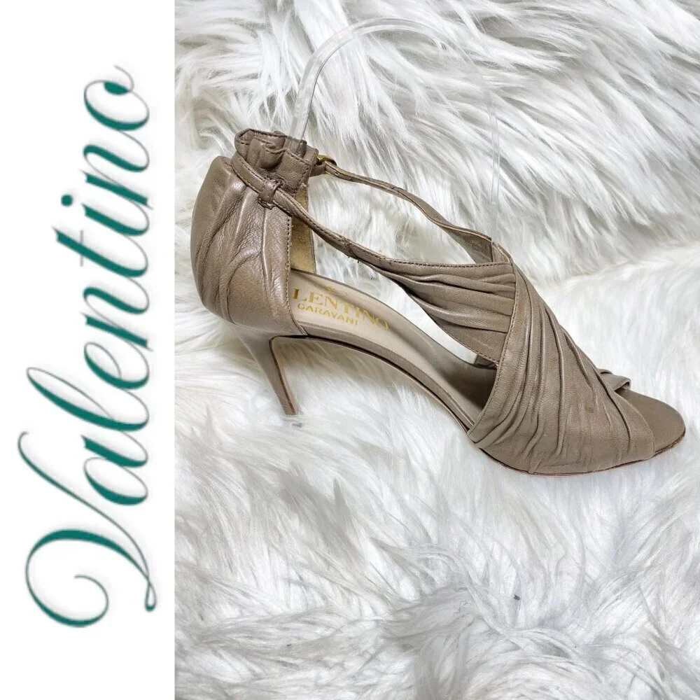 VALENTINO Vintage Taupe Leather Ruffle Accent Open Toe Stiletto Heels, Size 38.5